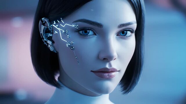 Woman with futuristic digital circuit implants on her face and ear, glowing lines representing advanced technology communication.