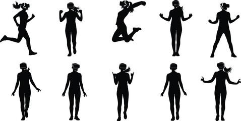 Obraz premium Virtual reality woman silhouettes, black vector icons, immersive tech gestures, jumping, running, interacting, headset pose, digital experience illustration set