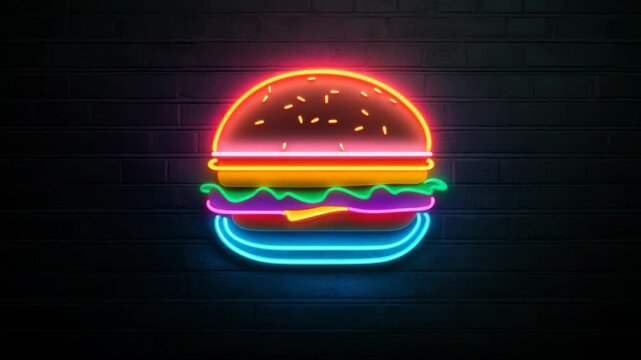 Colorful fast food neon burger icon  