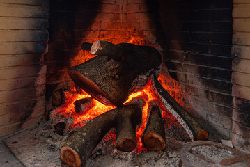 Firewood burning in the fireplace