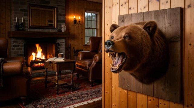 Cozy living room with fireplace and bear head with open mouth on wall for hunting lodge decor