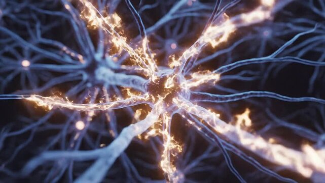 Close-up of glowing neurons firing electrical impulses, brain activity, neural network
