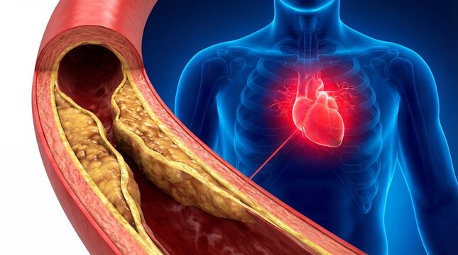 Clogged artery with cholesterol buildup and human heart anatomy illustration
