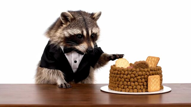 Funny raccoon wearing a formal black tuxedo reaching for a birthday cake made of dry pet food and biscuits. Humorous animal concept celebrating with a treat on a wooden table against a white backgroun
