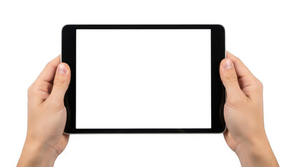 Hands holding a blank tablet screen showcasing modern digital interface potential