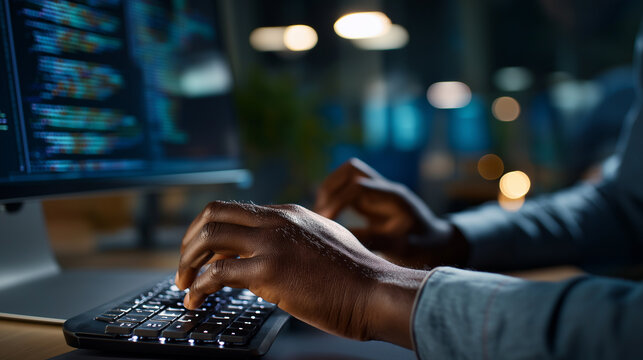 Professional using AI cyber tools to write programming code, worker typing busy on web development screen with python, big data mining center office with expert skills, upskilling 