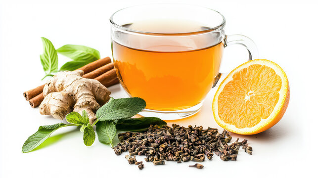 A steaming cup of herbal tea is presented with fresh ginger root, cinnamon sticks, sliced orange, green leaves, and cloves on a bright white surface today.