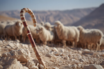 Shepherd staff stands in the ground as sheep gather in the distance under clear sky near rocky landscape during daytime