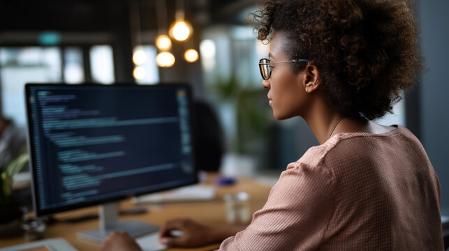 Back view of young woman as freelance data scientist working remotely, professional coding and programming from home computer, big data mining with artificial intelligence engineer