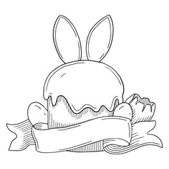 Fototapeta premium Hand-drawn illustration of Easter cake and eggs with bunny ears and ribbon banner in graphic detailed sketch style