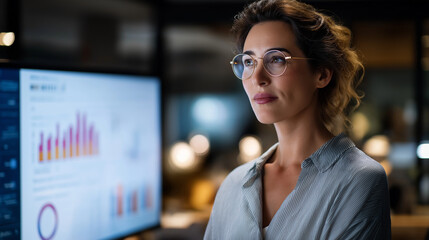 Fototapeta premium Businesswoman in eyeglasses standing near large display screen, professional reviewing data visualization on monitor, corporate analyst examining charts and graphs, modern office e