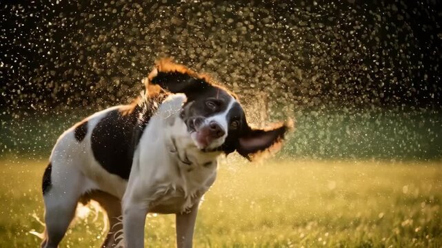 Wet springer spaniel dog shaking off water in golden hour sunlight, dynamic motion action shot of a playful pet outdoors