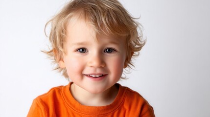 Fototapeta premium Smiling caucasian male child in orange shirt with wavy blonde hair.