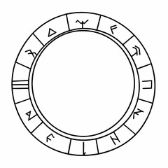 Fototapeta premium Ancient Rune Circle with Mystical Symbols Arranged Along the Circumference Isolated on White Background, vector outline contour illustration, black line