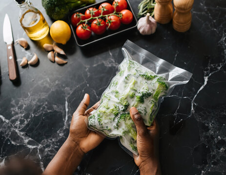 Close-up of hands preparing a broccoli dish with vacuum-sealed frozen broccoli and fresh ingredients on a black marble countertop