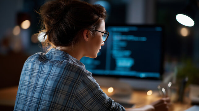 Back view of young woman as freelance data scientist working remotely, professional coding and programming at home on computer, big data mining and artificial intelligence engineer