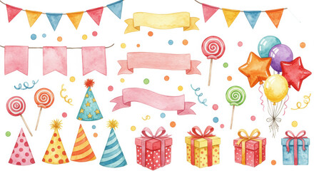 Watercolor illustration of vibrant flags, balloons, gifts, lollipops, hats, confetti on white background, whimsical celebration atmosphere.