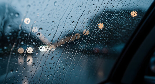 Raindrops stream down a car window, creating a blurry, abstract view of streetlights and urban reflections on a wet, moody evening.