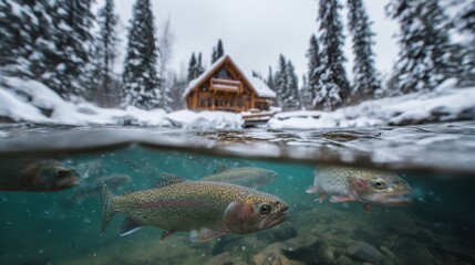 Fototapeta premium Winter cabin with rainbow trout in snowy forest stream.