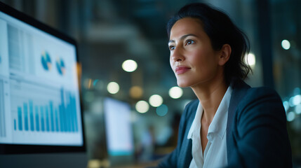 Fototapeta premium Woman analyst looking at business data on computer screen, professional reviewing corporate metrics and performance charts, business intelligence specialist examining statistics, m