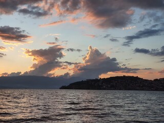 Fototapeta premium Sunset Over Lake Ohrid, North Macedonia – Scenic UNESCO World Heritage Landscape