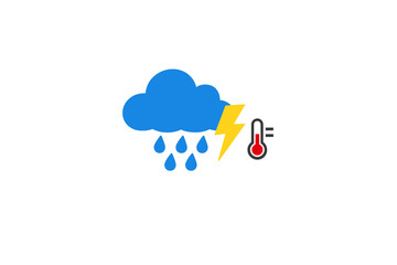Obraz premium Weather icon showing rain, lightning, and a thermometer indicating temperature for a stormy day