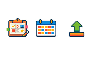 Fototapeta premium Icons representing tasks, scheduling, and uploading for project management use in digital applications and software environments