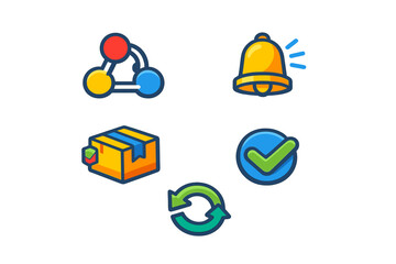 Fototapeta premium Colorful icons representing different concepts of communication and delivery, including notifications, logistics, and confirmation, displayed on a white background