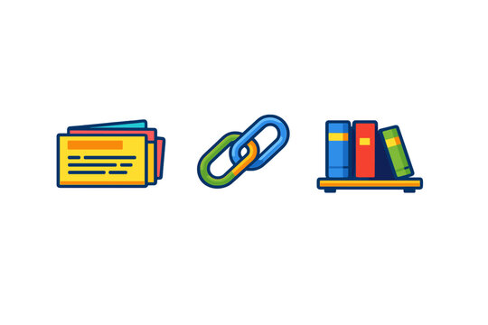 Card files, link icon, and stacked books represent organization and information management in digital and physical formats