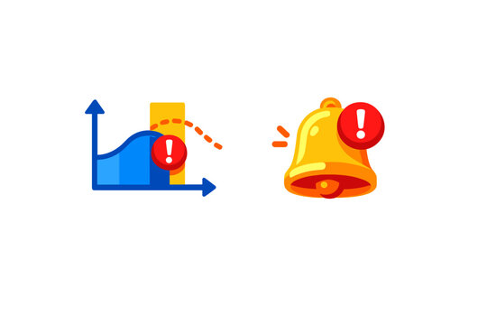 Graph shows increase and decrease of data while alert notification icon signals important information
