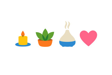 Decorative items arranged on a plain background including a candle, a plant, a diffuser, and a heart shape in a simple and minimalistic style