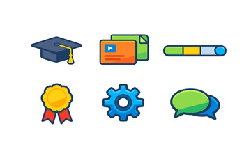 Different icons showing education and technology elements, including graduation cap, video card, progress bar, badge, gear, and chat bubbles, used for digital design and communication