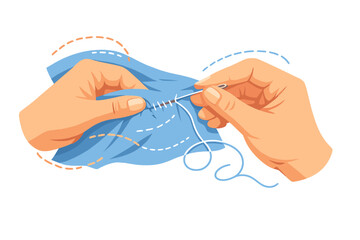 Hands sew a blue fabric together using a needle and thread in a simple stitching process during daytime