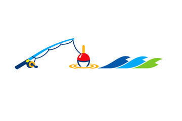 Fishing rod and bobber with waves in a simple design that shows an outdoor activity by a body of water, enjoyed by many people during their free time © Mark