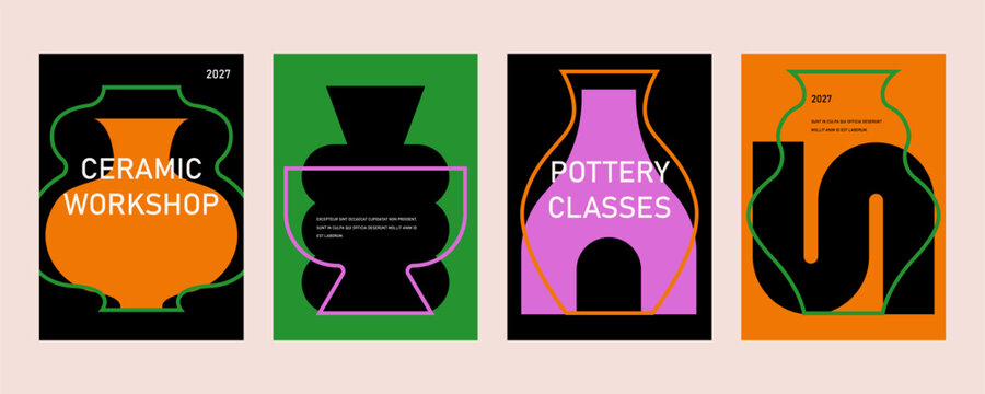 Ceramic craft, card designs set. Ceramics market, school and workshop, flyer and placard templates with lettering typography, handmade pottery pattern in modern trendy style. Flat vector illustration.
