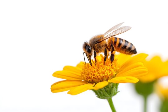 A bee is on a yellow flower, gathering pollen on a white background