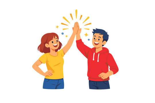 Two people giving a high five with smiles in a bright space during a fun moment of celebration and teamwork