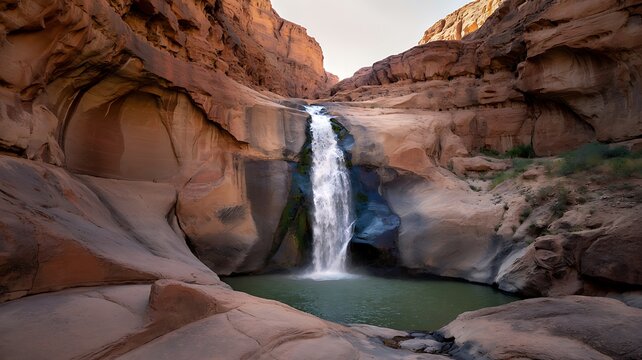 Slender Canyon Waterfall Cascading into Green-Blue Pool in Red Rock Oasis