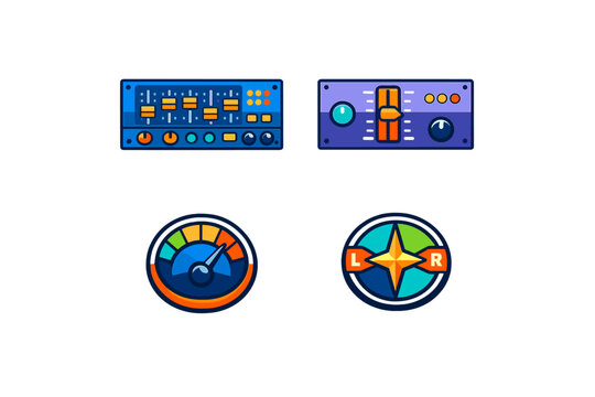 Control panels display different settings and indicators for audio and navigation in a simple graphic arrangement