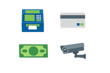 Fototapeta premium Different items related to finance are shown including an ATM, credit card, cash, and security camera in a simple layout