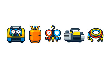 Different tools used in refrigeration work including a gauge set, gas cylinder, vacuum pump, and hoses, often seen in maintenance and repair shops