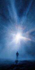 Obraz premium Silhouetted figure under starry sky with radiant light burst