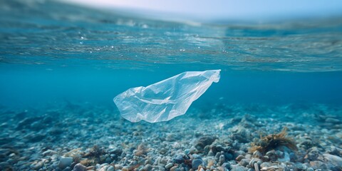 Plastic bag is floating in the ocean