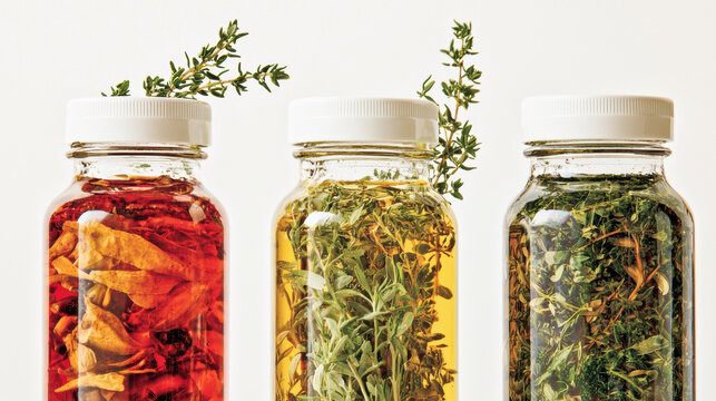Three glass jars filled with herbs and infused oils are displayed against a white background, showcasing natural flavors and homemade culinary ingredients so fresh.