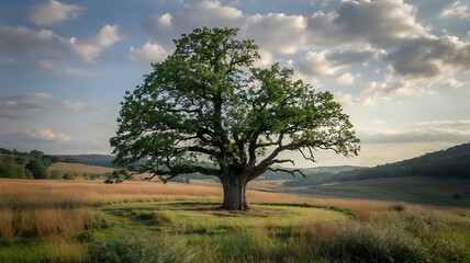 Fototapeta premium Solitary Ancient Oak Tree in Golden Grassy Field at Sunset under Cloudy Sky