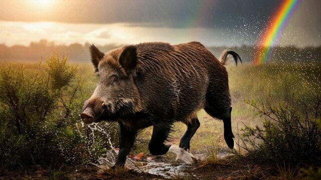 Wild hog running through a muddy field with water splashing, under a rainbow and rain, at sunset in a wildlife scene