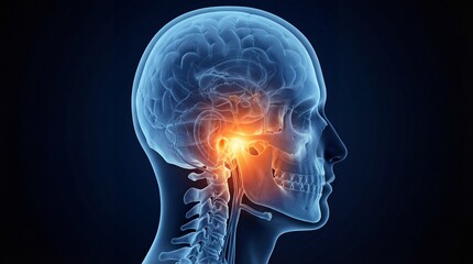 Human Head Anatomy with Brain, Skull, and Spine in X-Ray View for Medical Illustration and Research