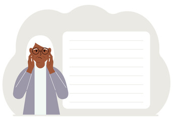 The woman clasped his head in his hands. Shock, surprise. Vector flat illustration.