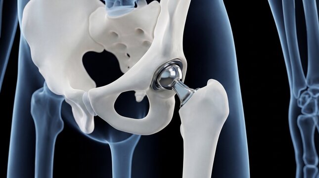 Hip Replacement Surgery: Medical Illustration of Pelvis and Femur with Artificial Joint Implant