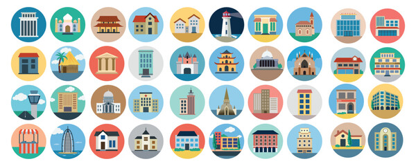 Large collection of diverse building icons featuring flat design vector illustrations of houses offices and famous landmarks ideal for web app and infographic design